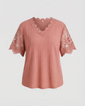 Women's Feminine Lace V-Neck Rib Jersey Blouse Shirt