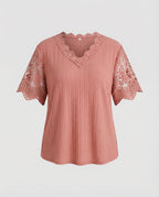 Women's Feminine Lace V-Neck Rib Jersey Blouse Shirt