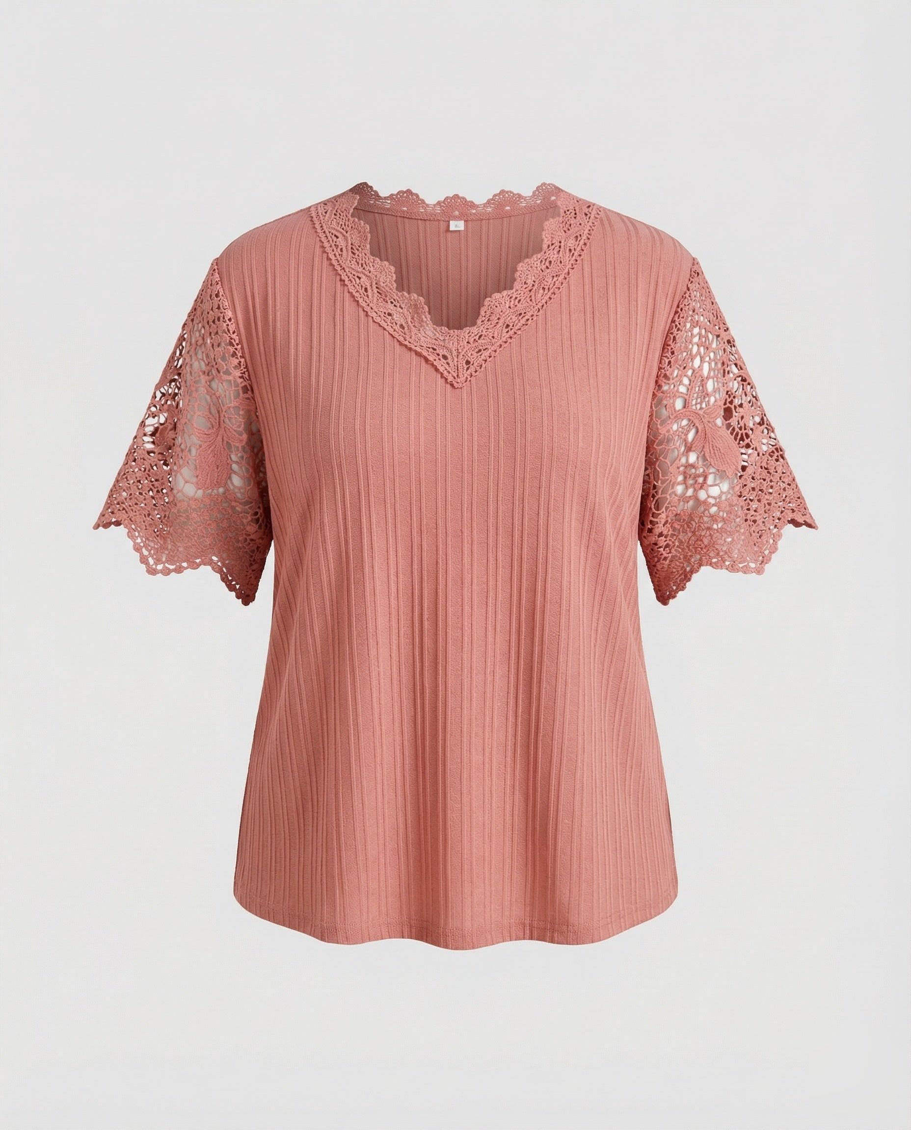 Women's Feminine Lace V-Neck Rib Jersey Blouse Shirt