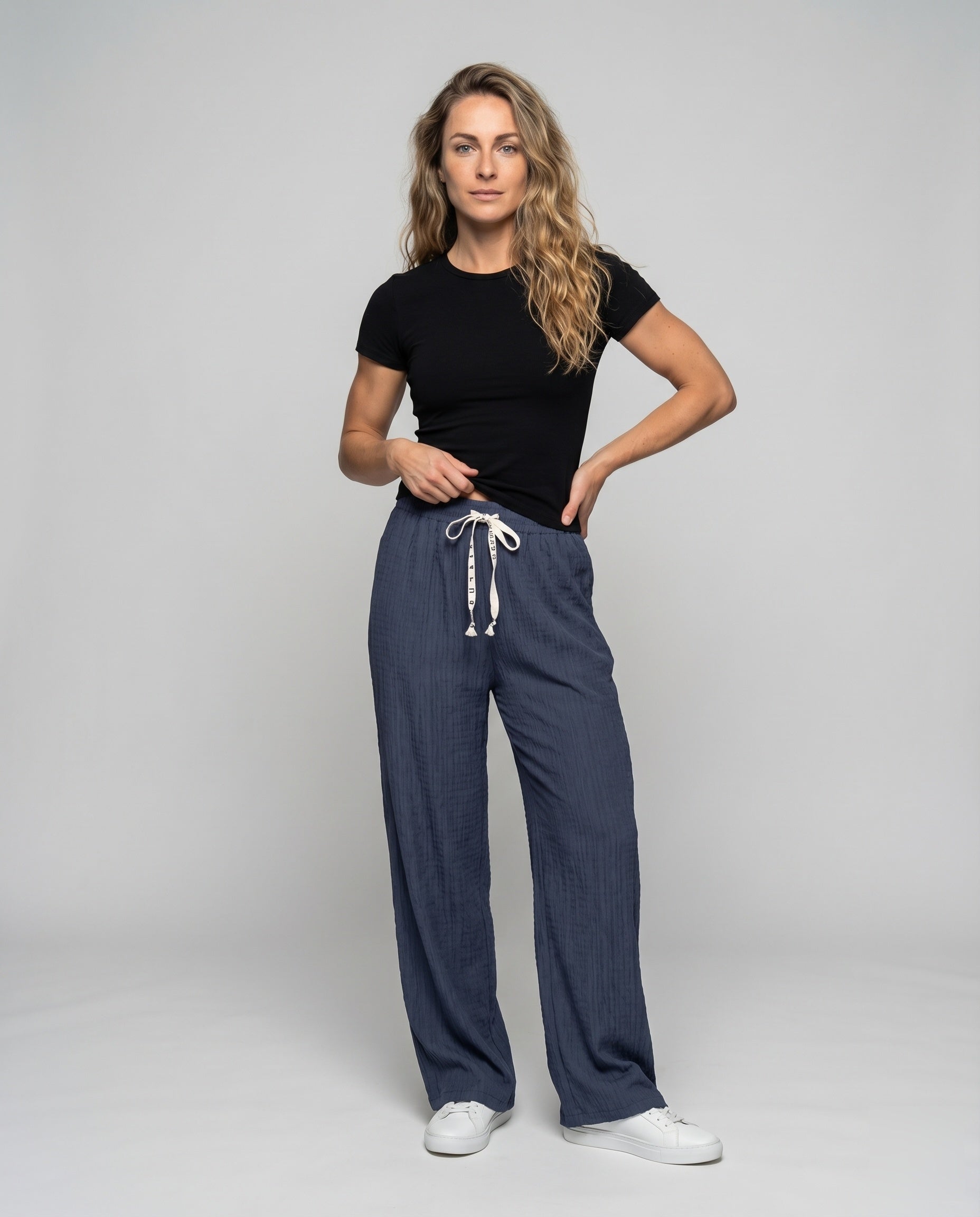 Women's Comfortable Decorative Cord Viscose-Mix Relax Pants - Front View