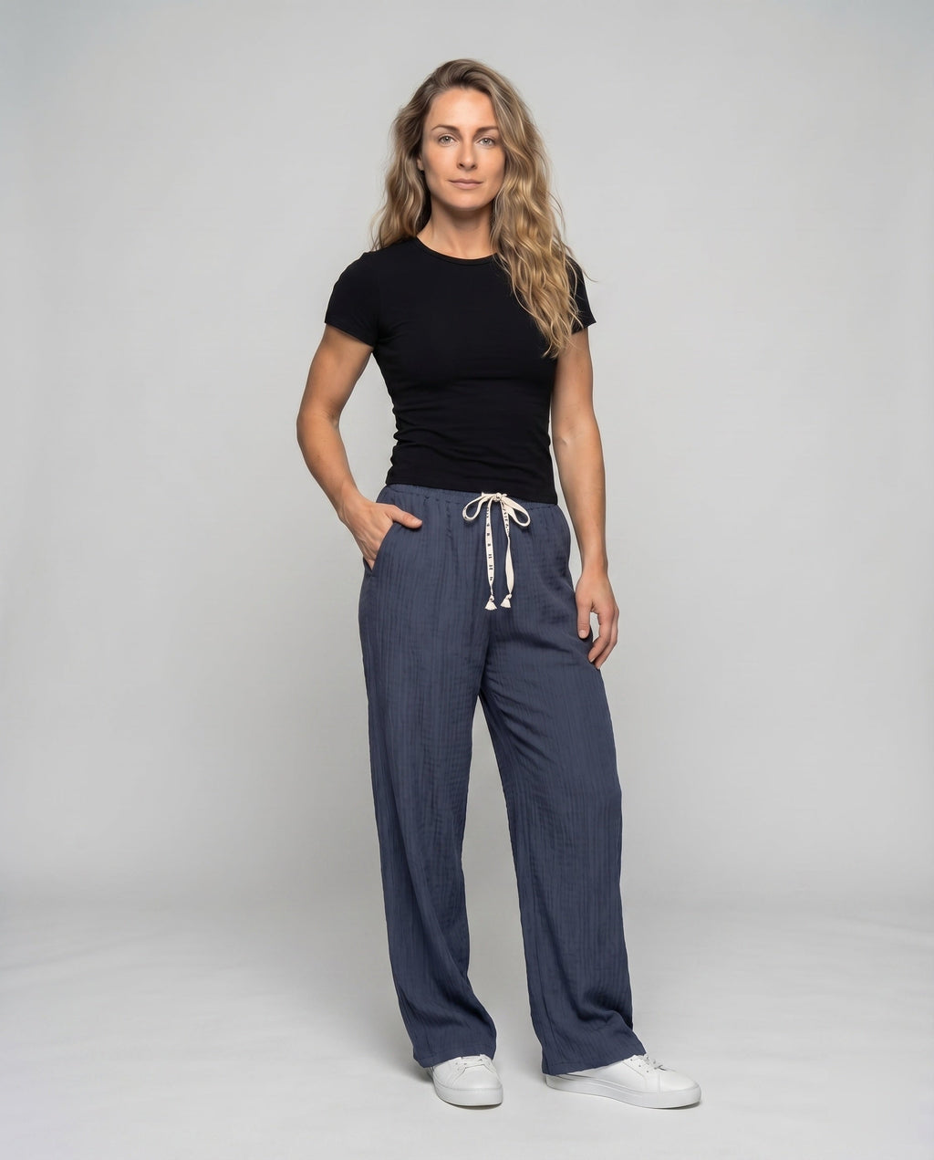 Women's Comfortable Decorative Cord Viscose-Mix Relax Pants - Lower Body View