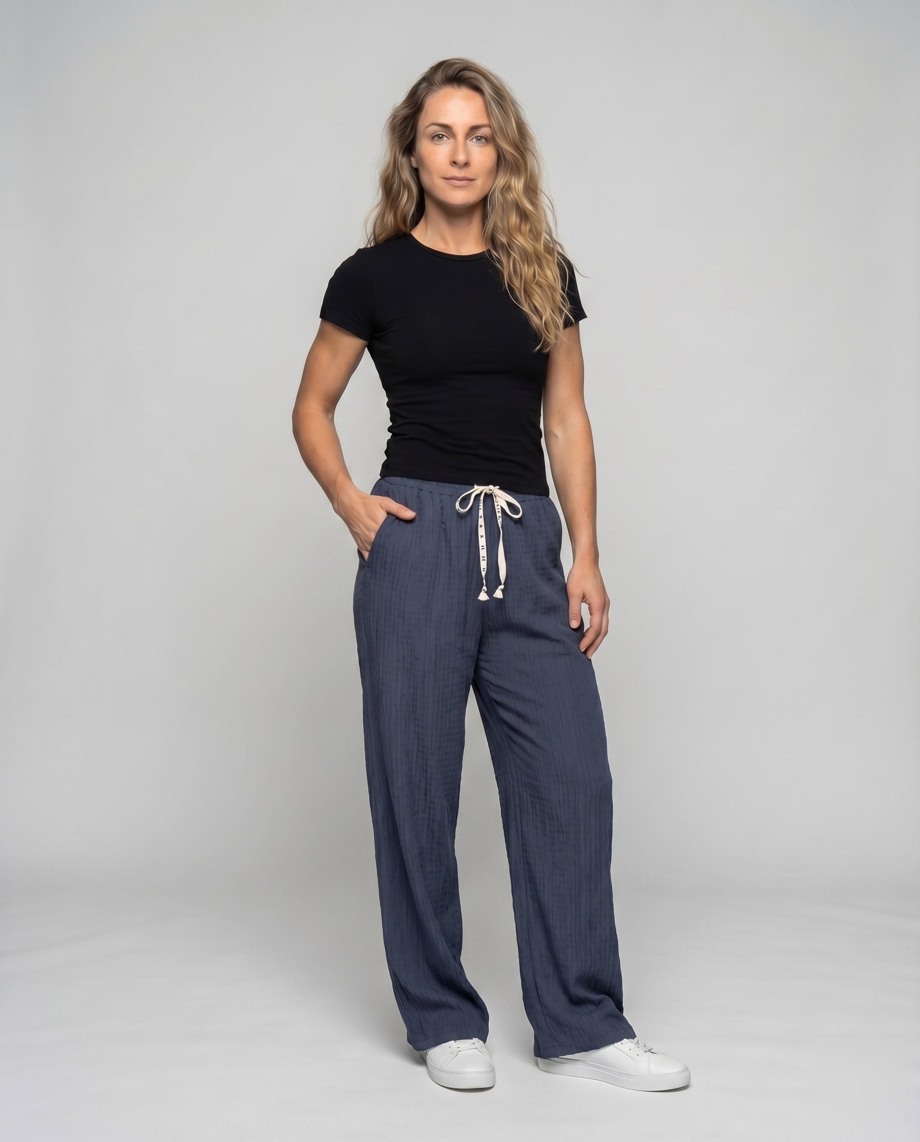 Women's Comfortable Decorative Cord Viscose-Mix Relax Pants - Lower Body View