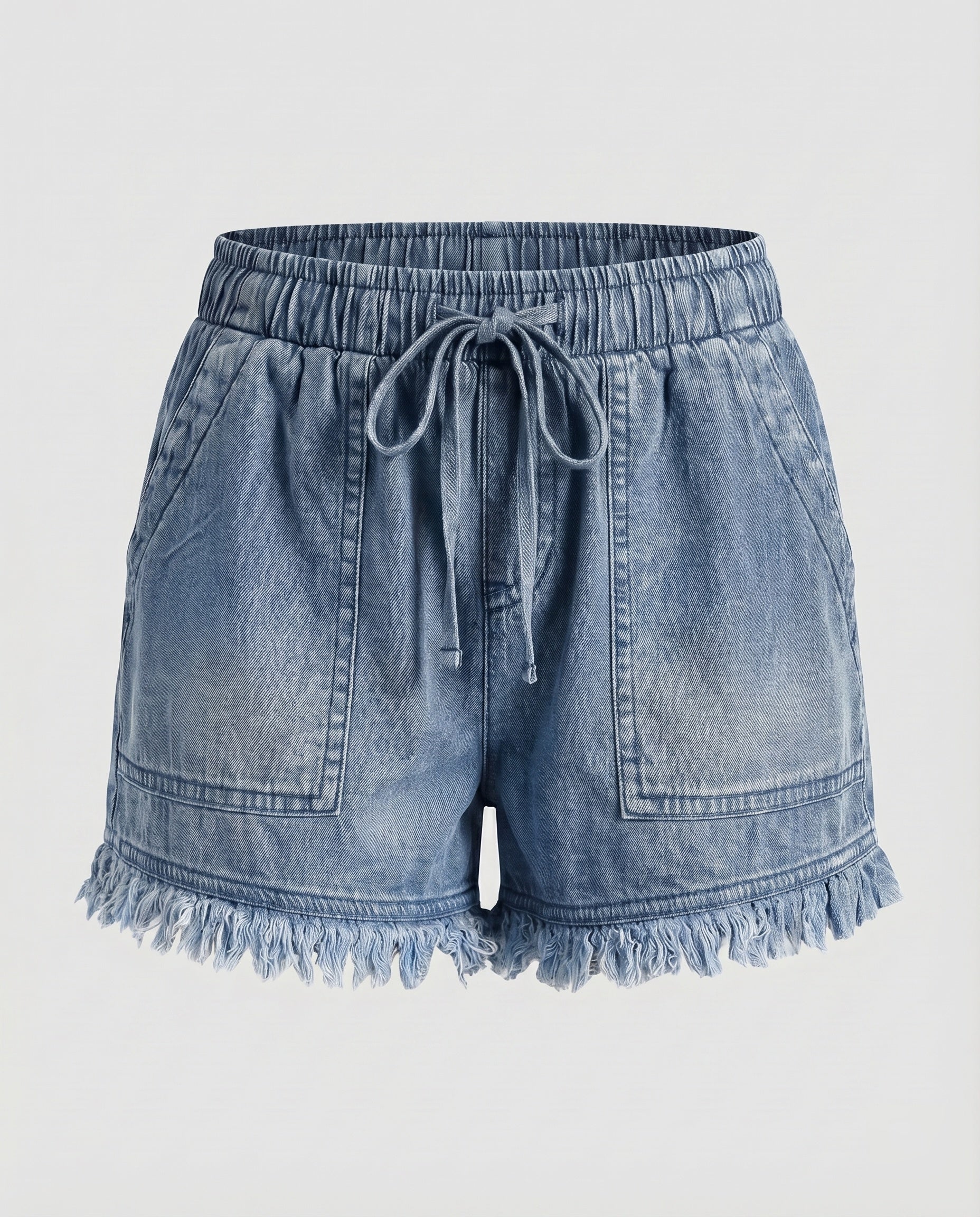 Women's Denim Shorts Drawstring Cargo Pockets Ruffled Hem