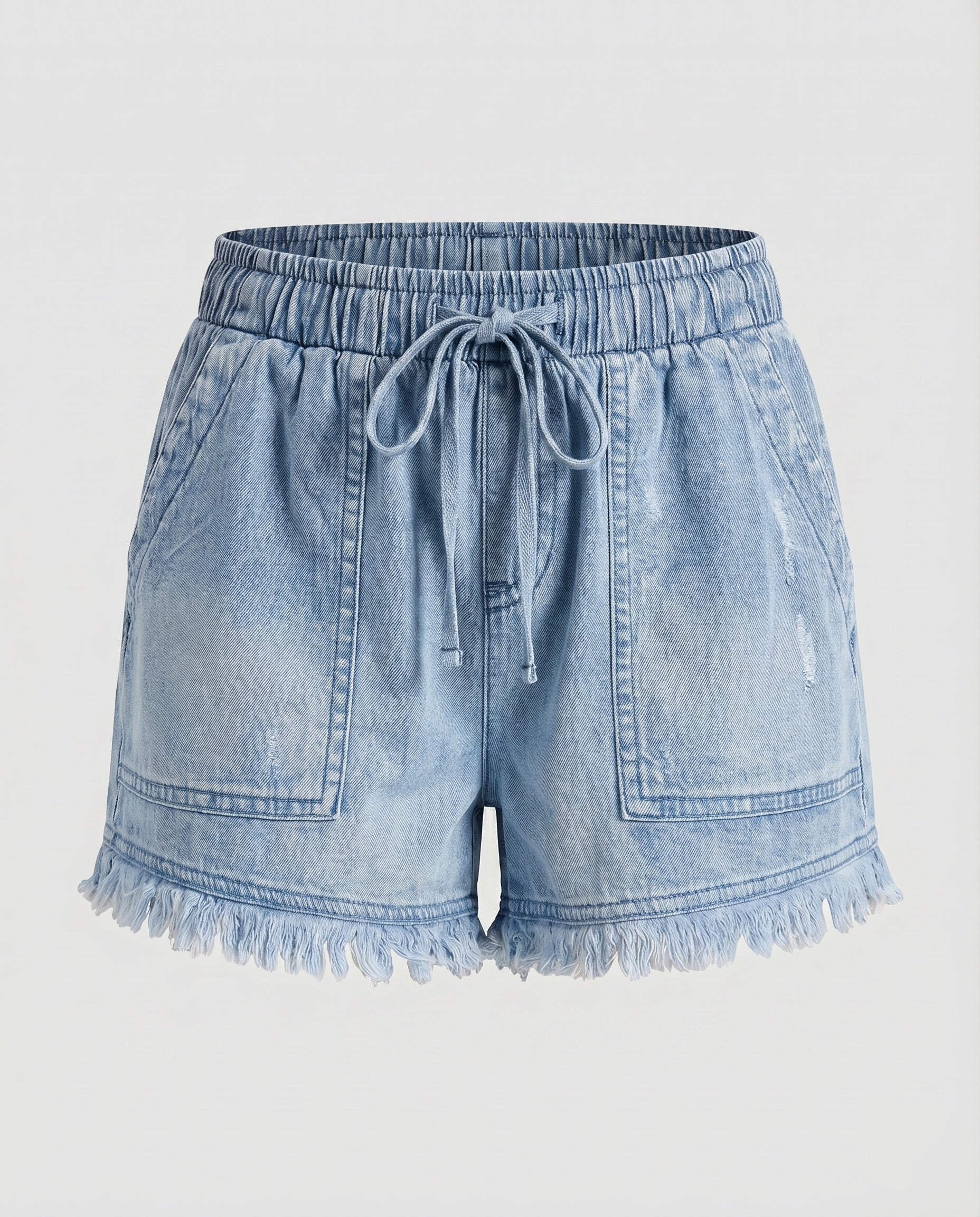 Women's Denim Shorts Drawstring Cargo Pockets Ruffled Hem