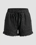 Women's Denim Shorts Drawstring Cargo Pockets Ruffled Hem