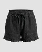 Women's Denim Shorts Drawstring Cargo Pockets Ruffled Hem
