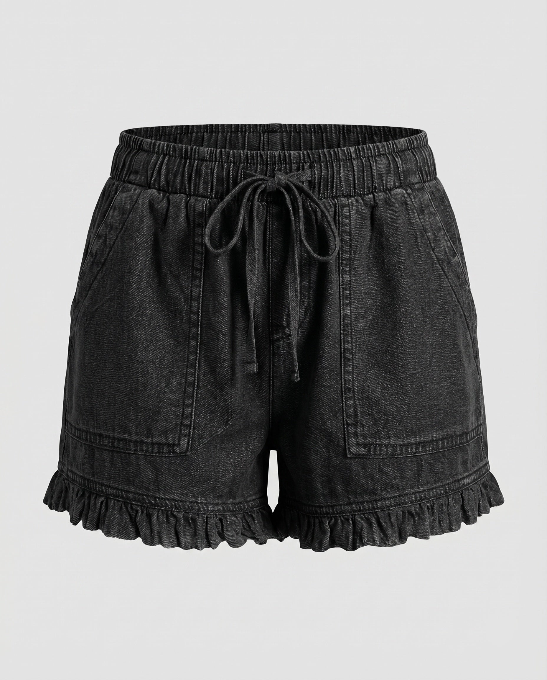 Women's Denim Shorts Drawstring Cargo Pockets Ruffled Hem