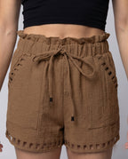 Women's Summer Shorts Ruffle Waist Drawstring - Close-Up Detail
