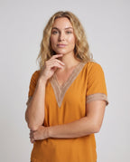 Women's V-Neck Blouse Shirt Lace Trim Casual - Upper Body View