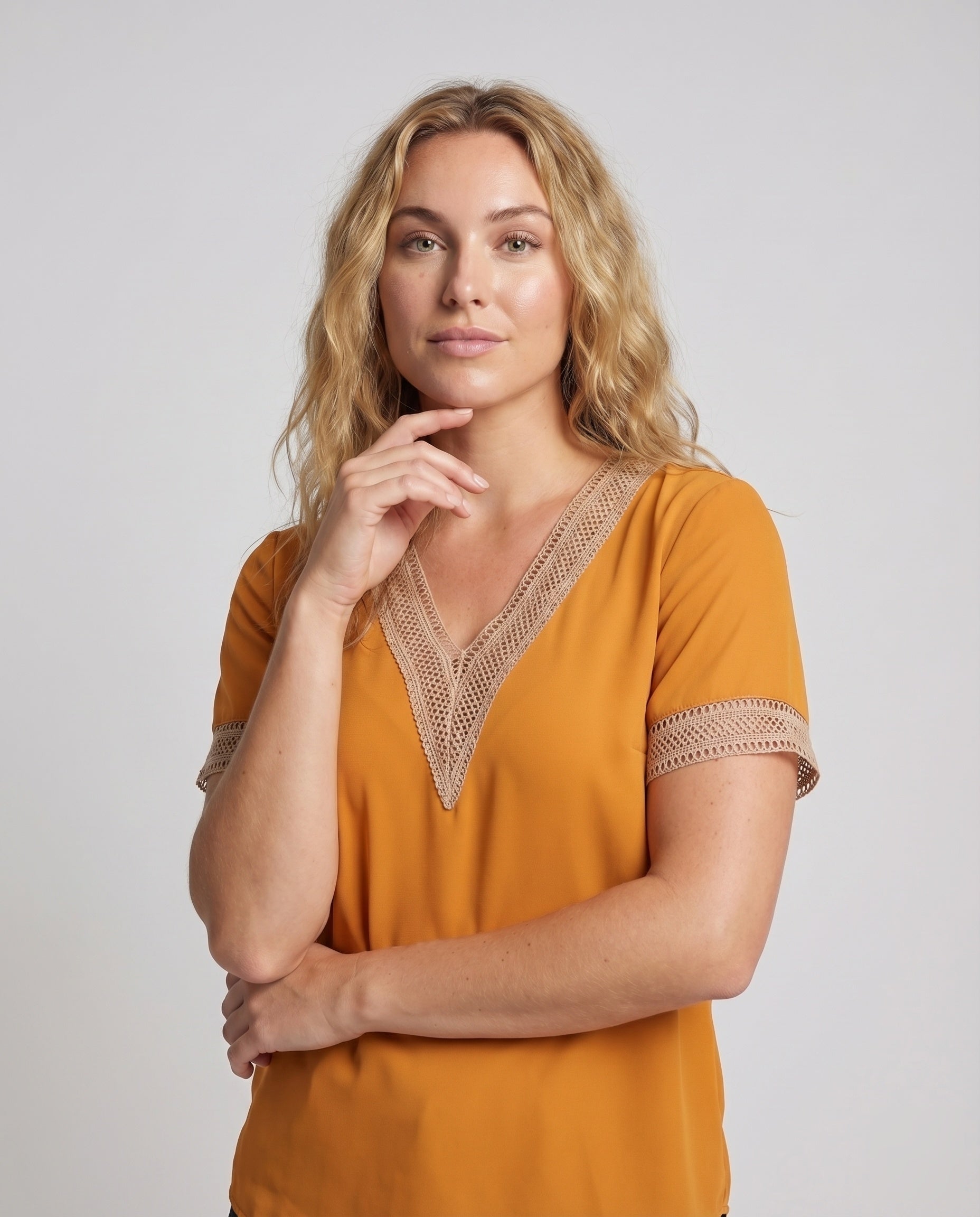 Women's V-Neck Blouse Shirt Lace Trim Casual - Upper Body View