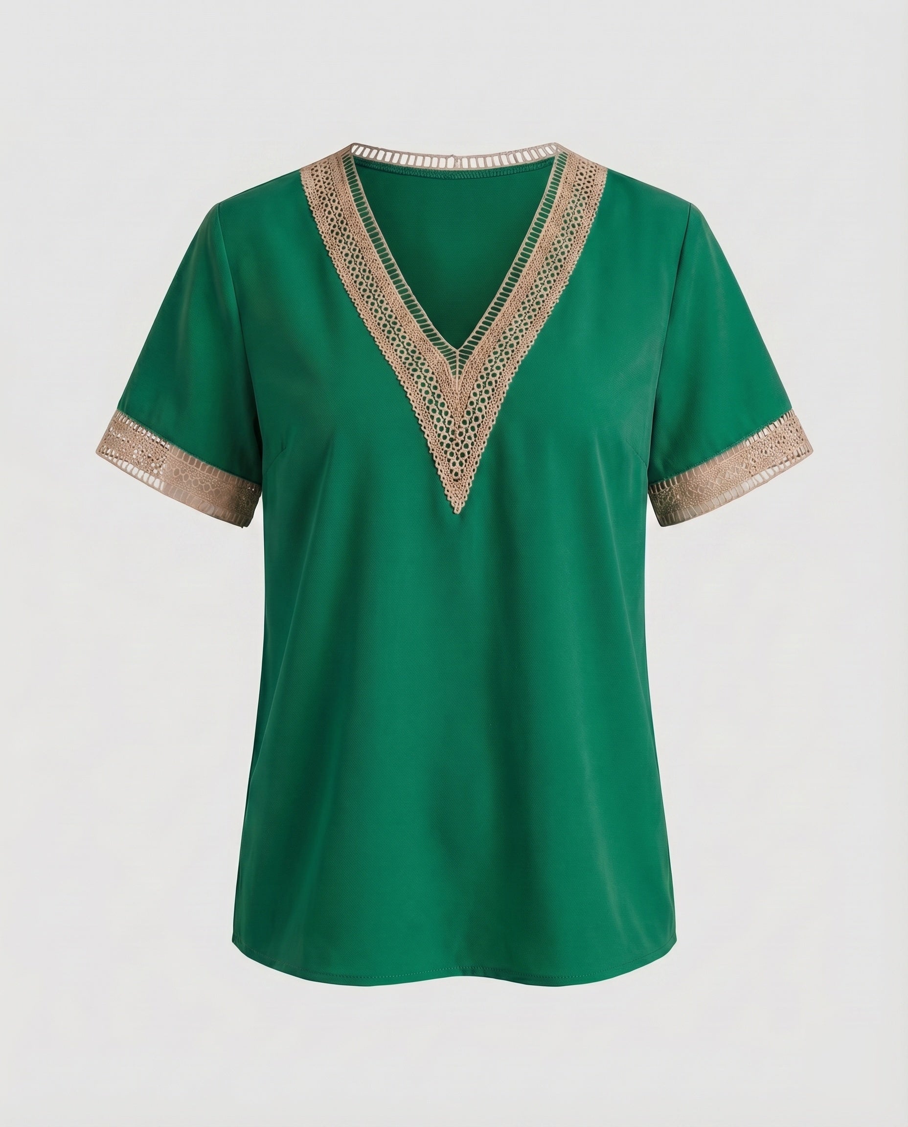 Women's V-Neck Blouse Shirt Lace Trim Casual