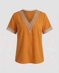Women's V-Neck Blouse Shirt Lace Trim Casual