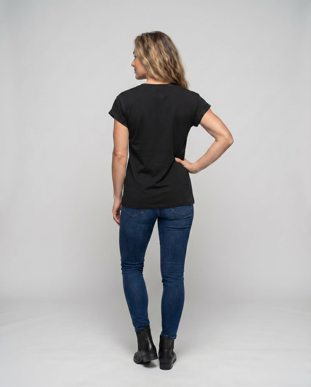 Women's Round Neck Shirt Cuffed Sleeves Curved Hem Loose Fit - Back View