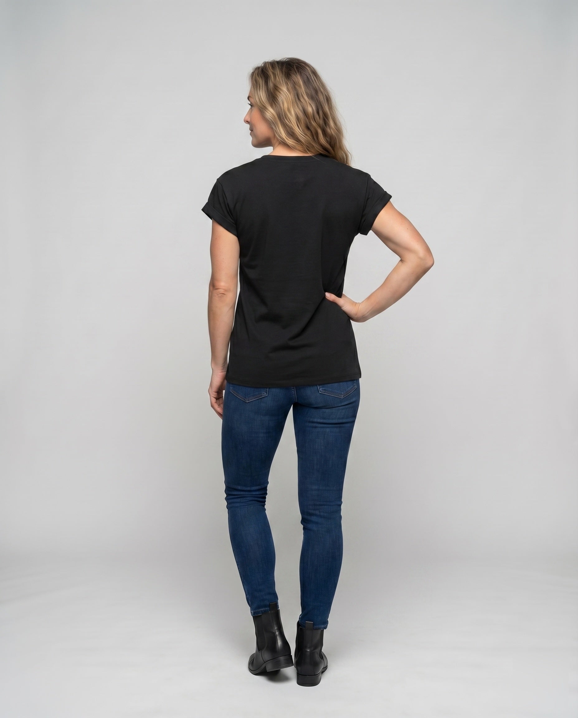 Women's Round Neck Shirt Cuffed Sleeves Curved Hem Loose Fit - Back View