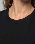 Women's Round Neck Shirt Cuffed Sleeves Curved Hem Loose Fit - Close-Up Detail