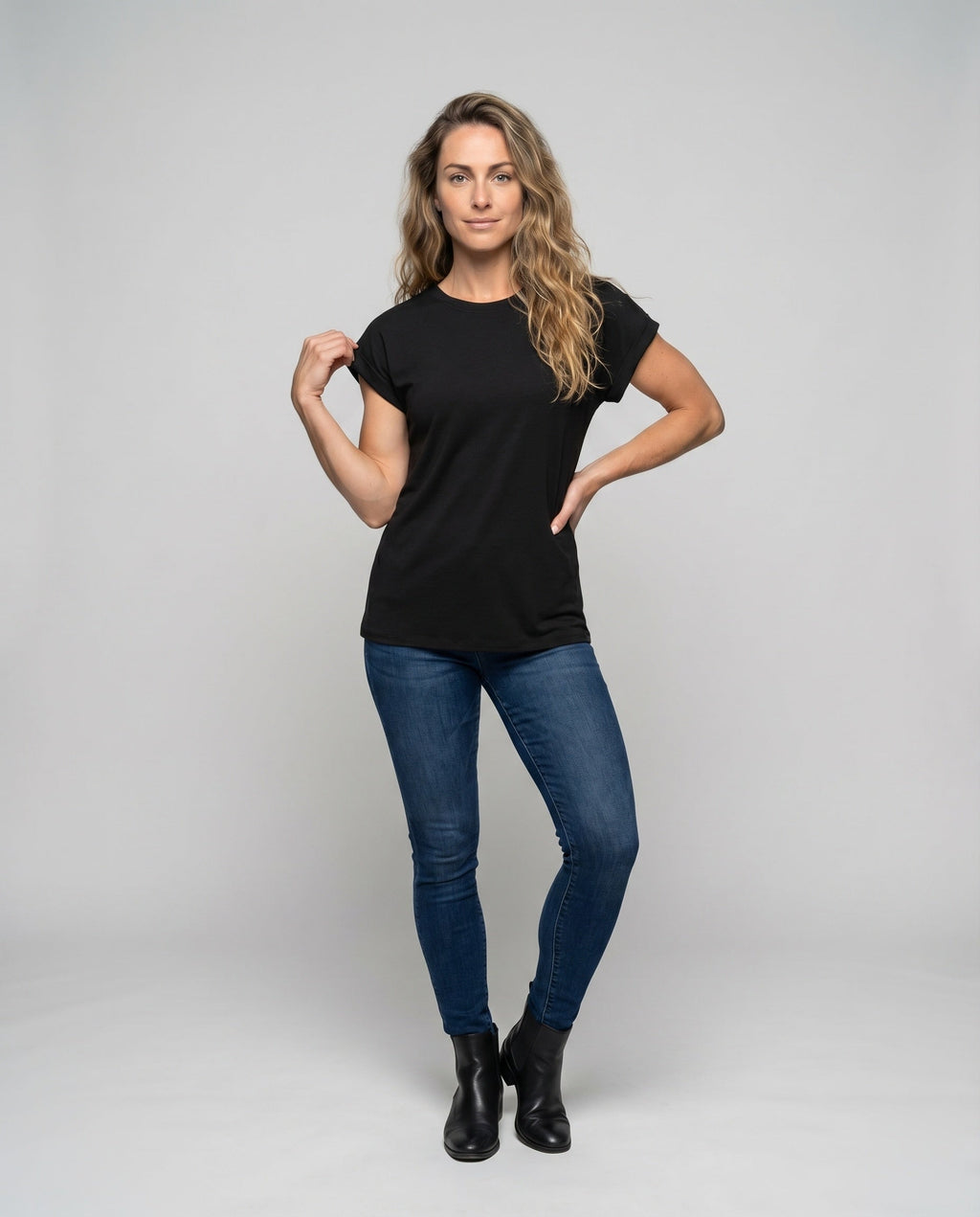 Women's Round Neck Shirt Cuffed Sleeves Curved Hem Loose Fit - Front View
