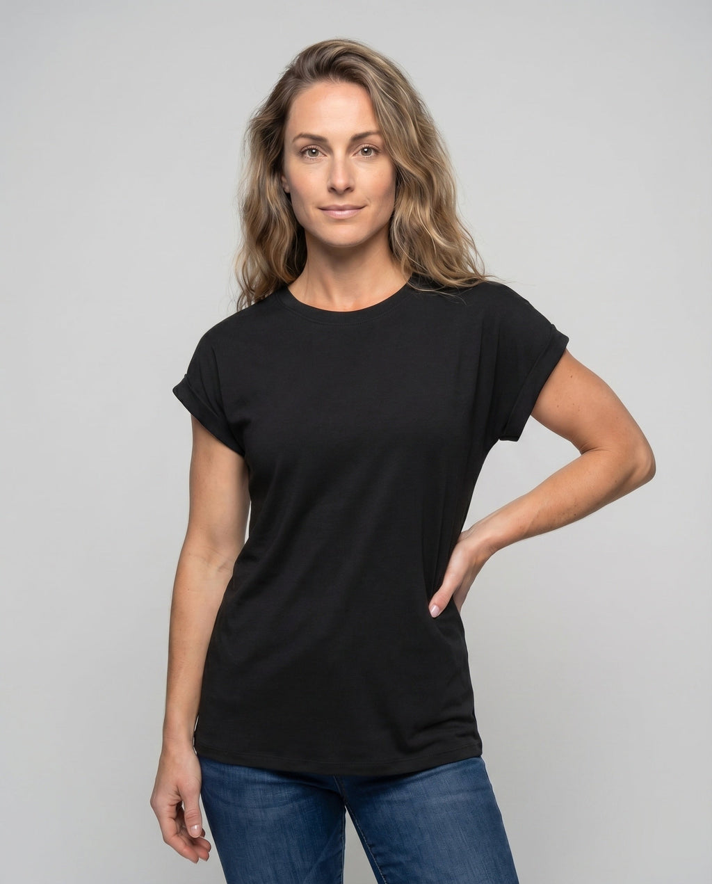 Women's Round Neck Shirt Cuffed Sleeves Curved Hem Loose Fit - Upper Body View