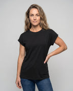 Women's Round Neck Shirt Cuffed Sleeves Curved Hem Loose Fit - Upper Body View
