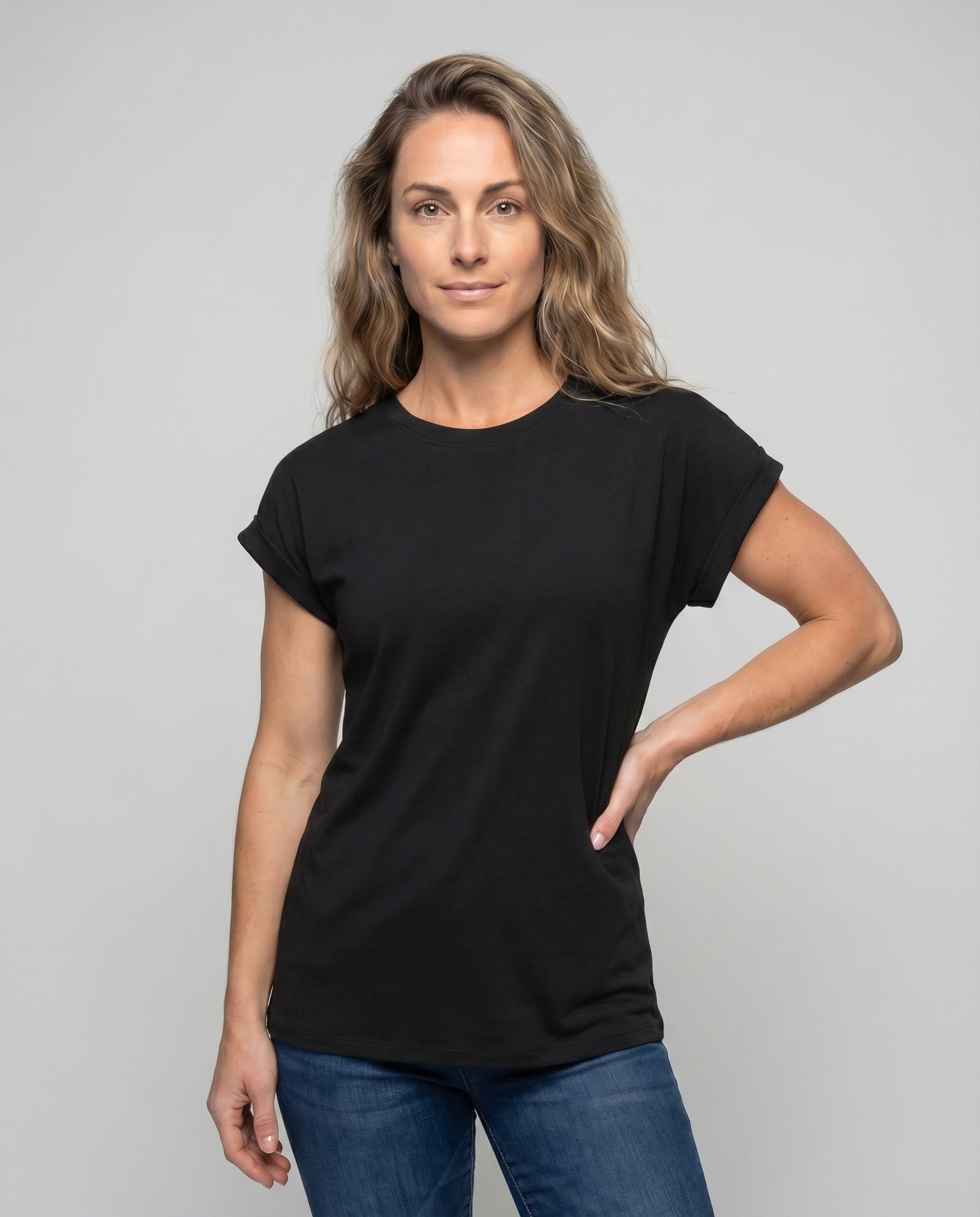 Women's Round Neck Shirt Cuffed Sleeves Curved Hem Loose Fit - Upper Body View