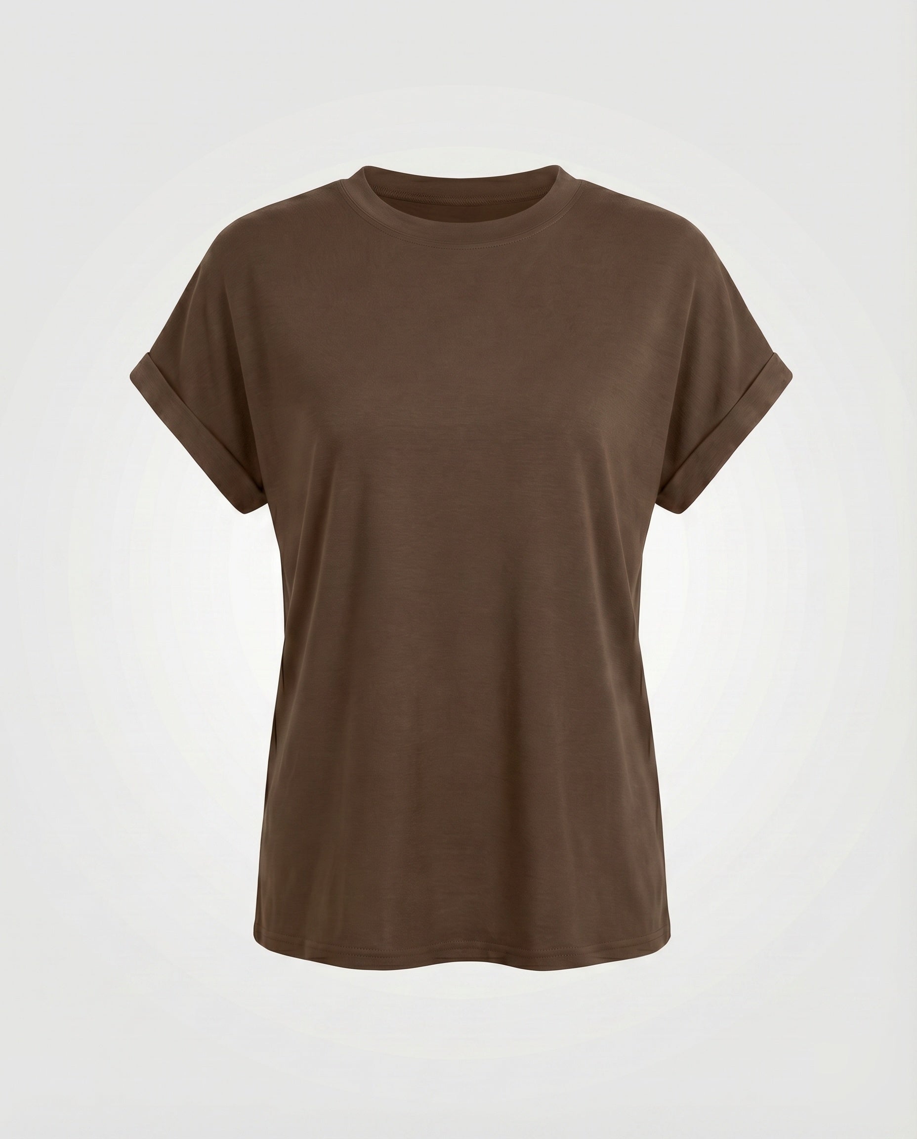 Women's Round Neck Shirt Cuffed Sleeves Curved Hem Loose Fit