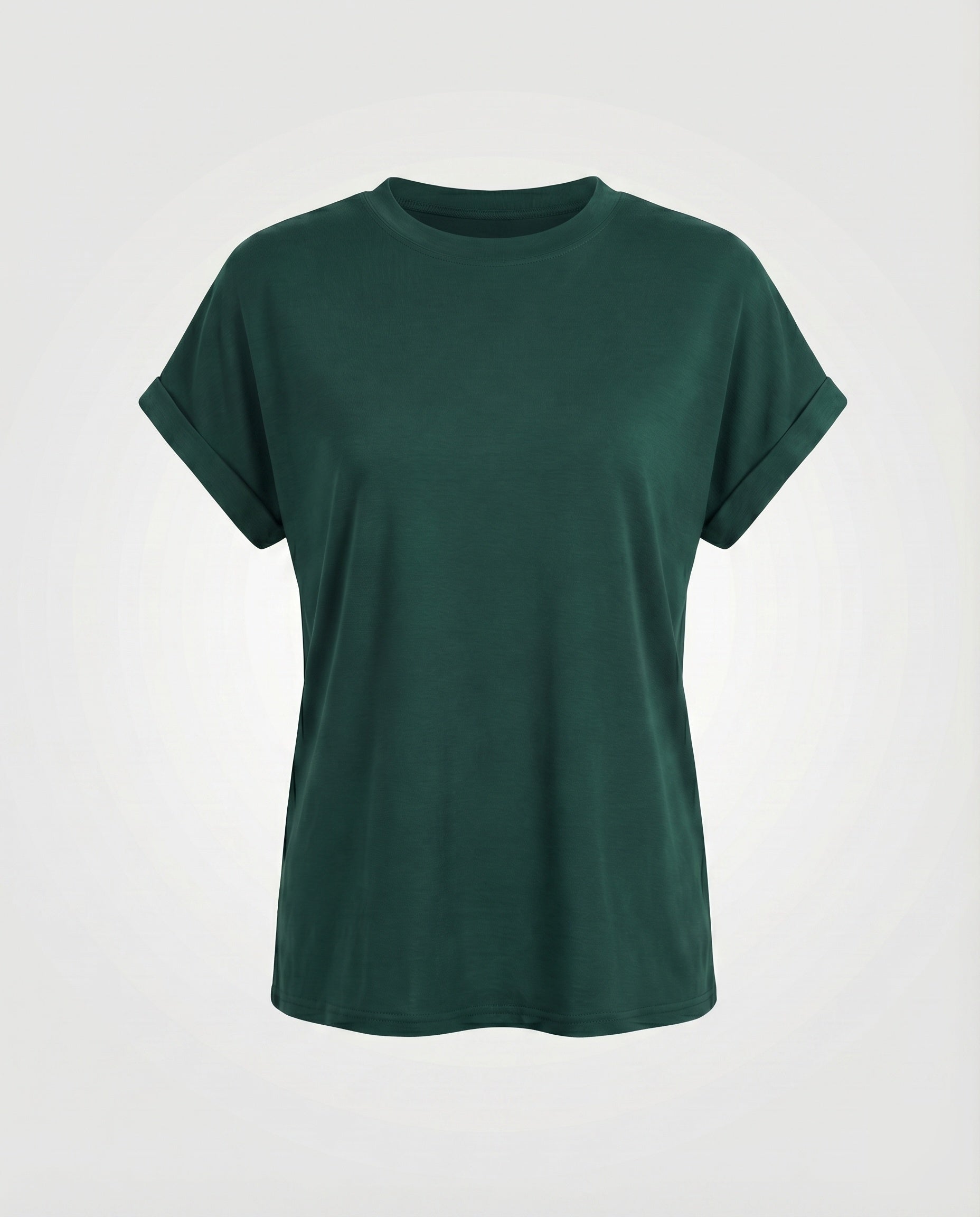 Women's Round Neck Shirt Cuffed Sleeves Curved Hem Loose Fit
