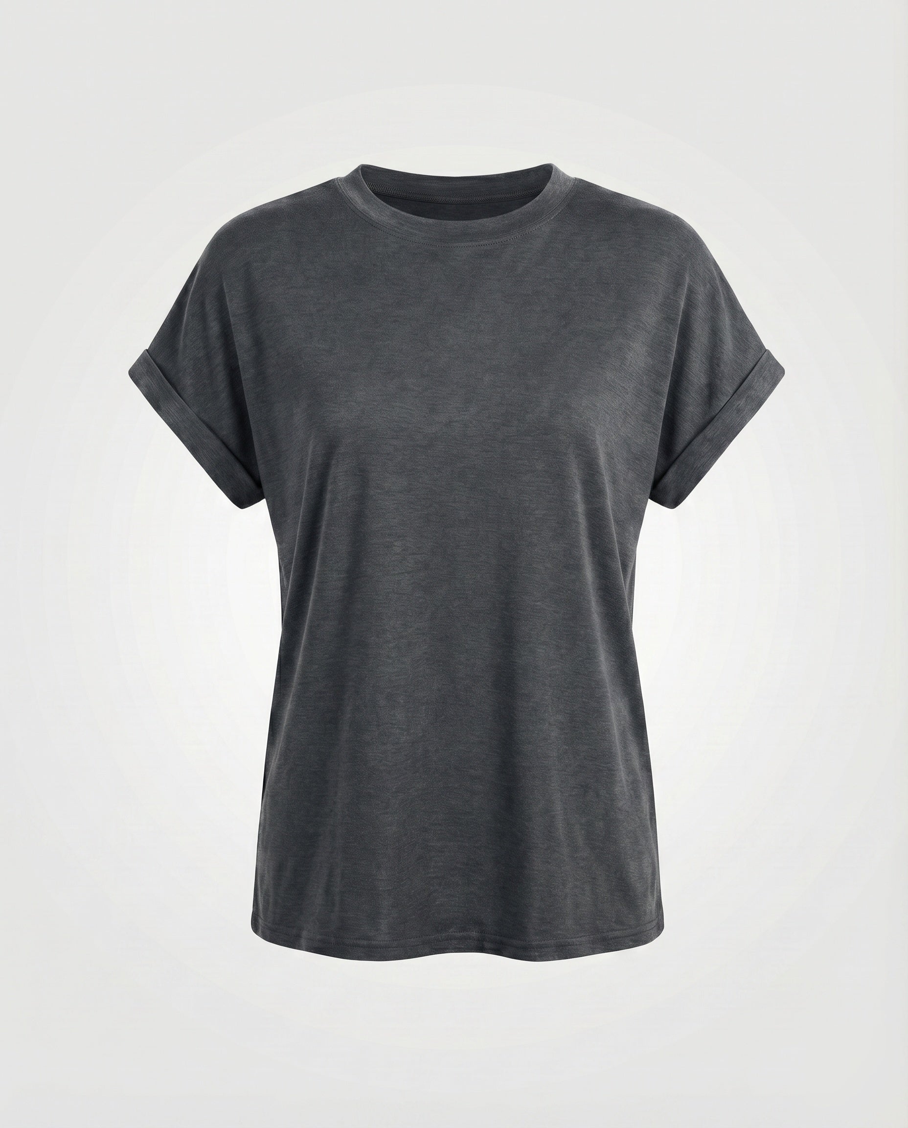 Women's Round Neck Shirt Cuffed Sleeves Curved Hem Loose Fit