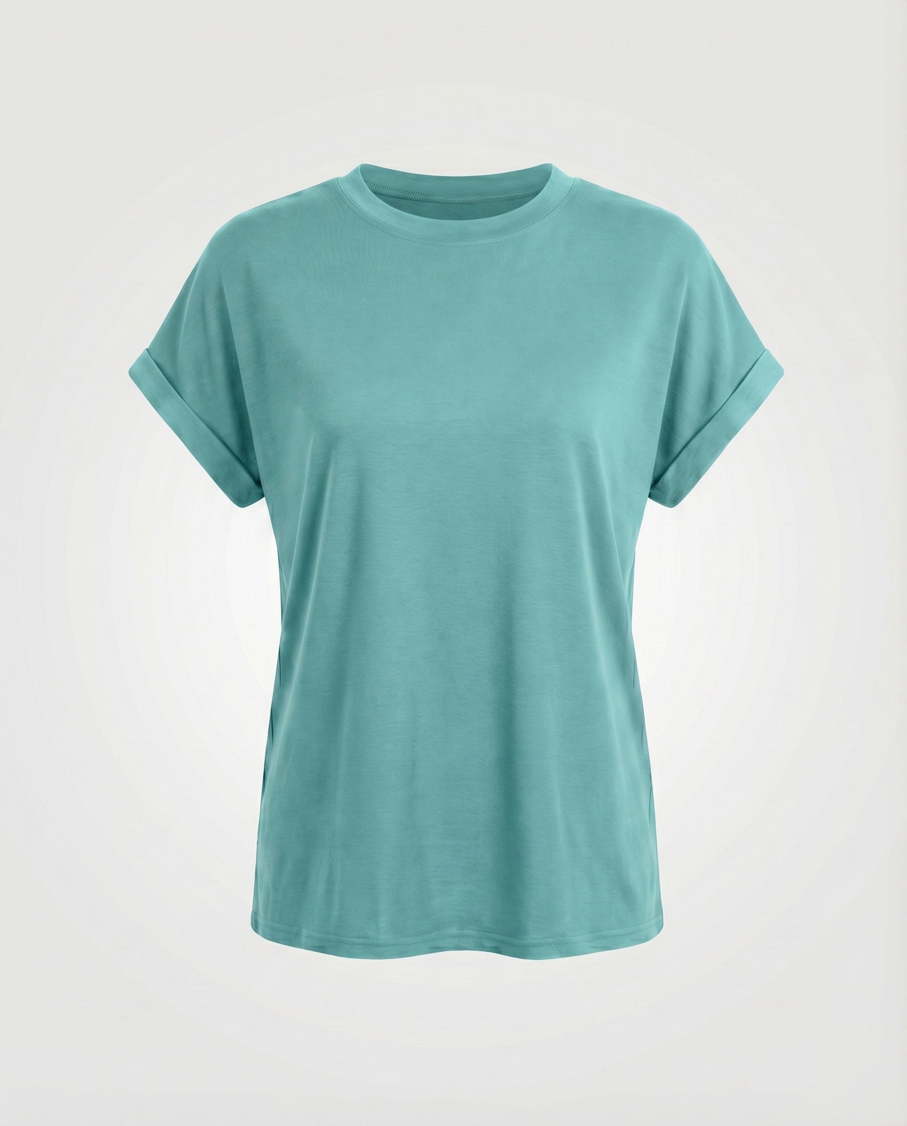 Women's Round Neck Shirt Cuffed Sleeves Curved Hem Loose Fit