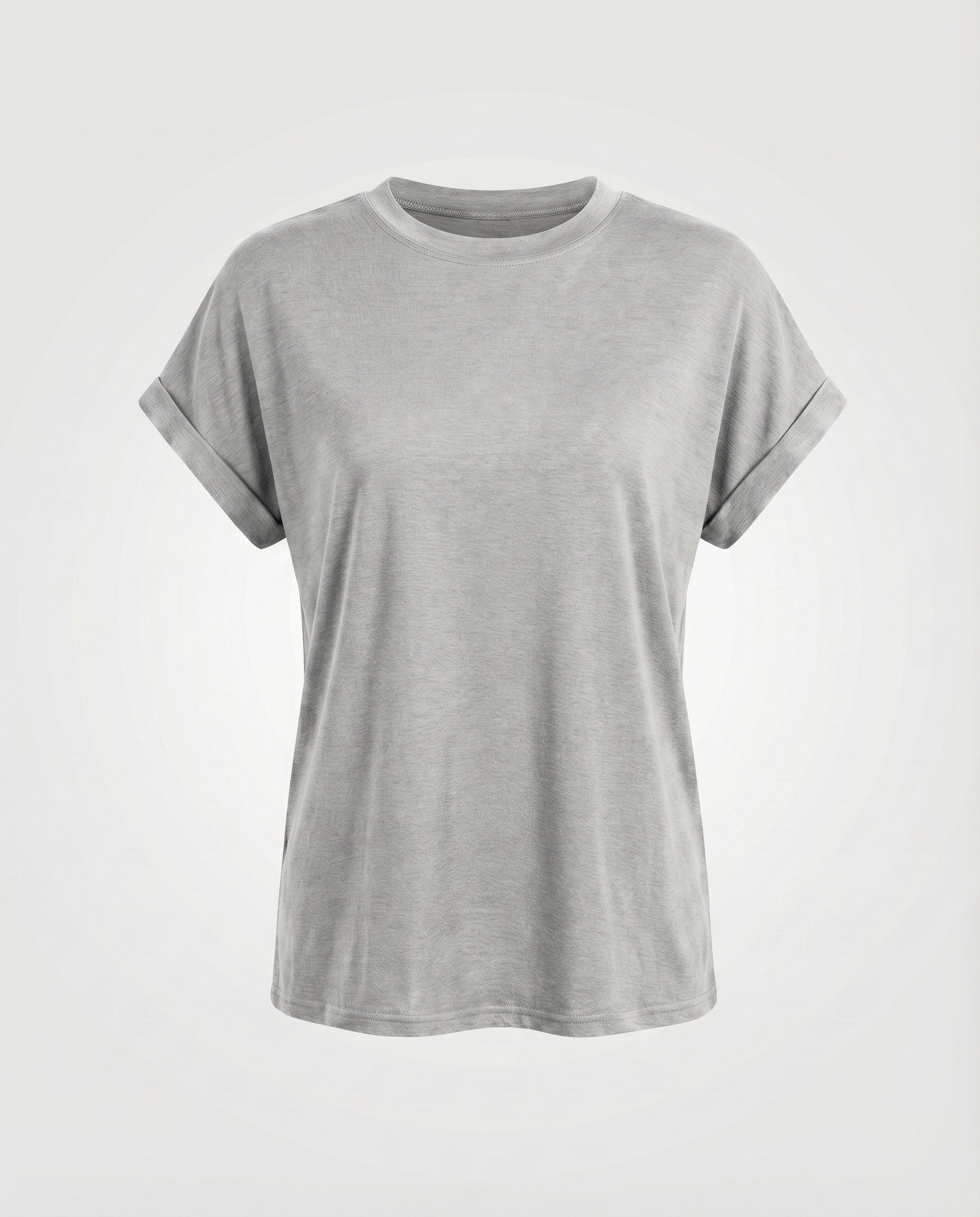 Women's Round Neck Shirt Cuffed Sleeves Curved Hem Loose Fit