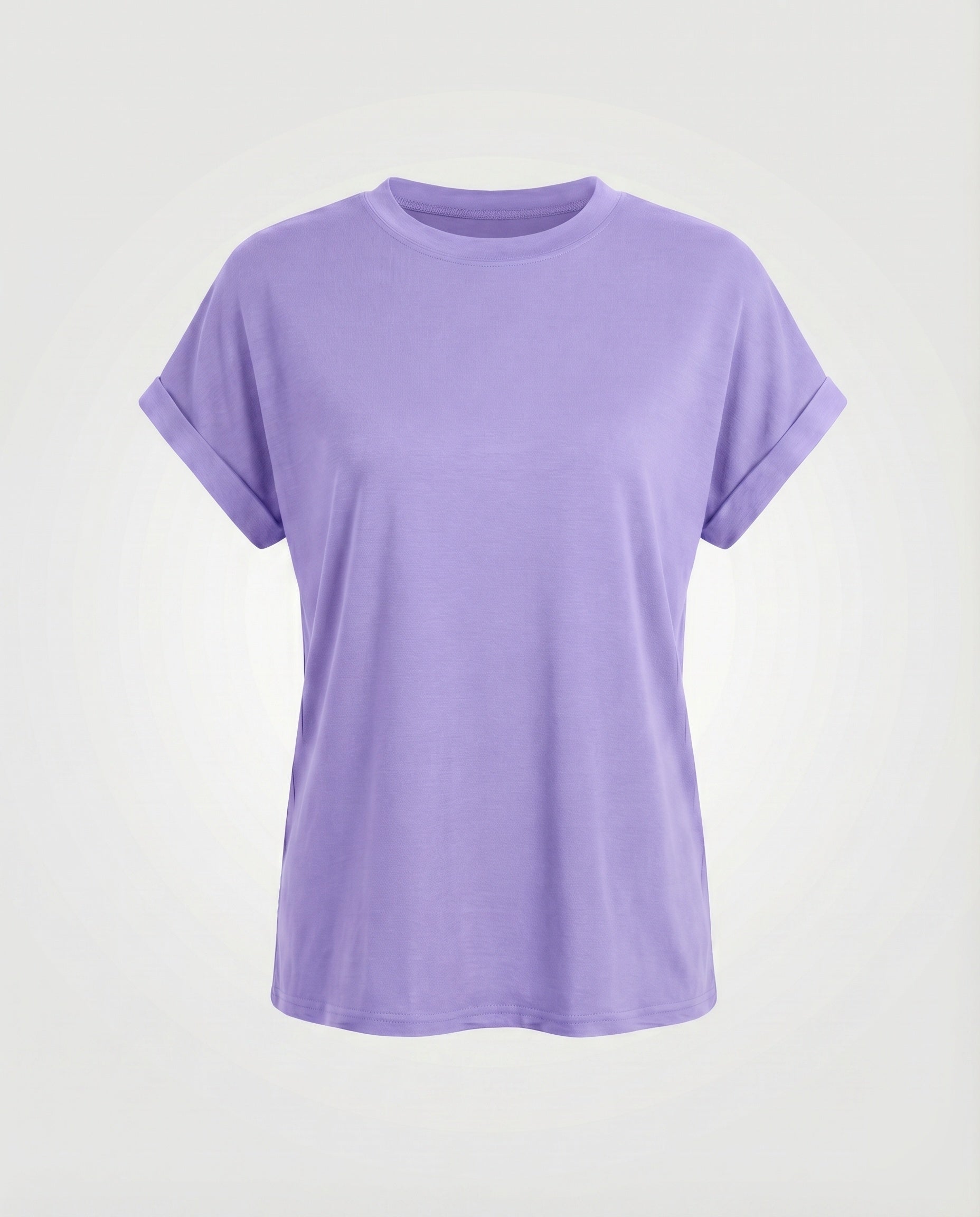 Women's Round Neck Shirt Cuffed Sleeves Curved Hem Loose Fit