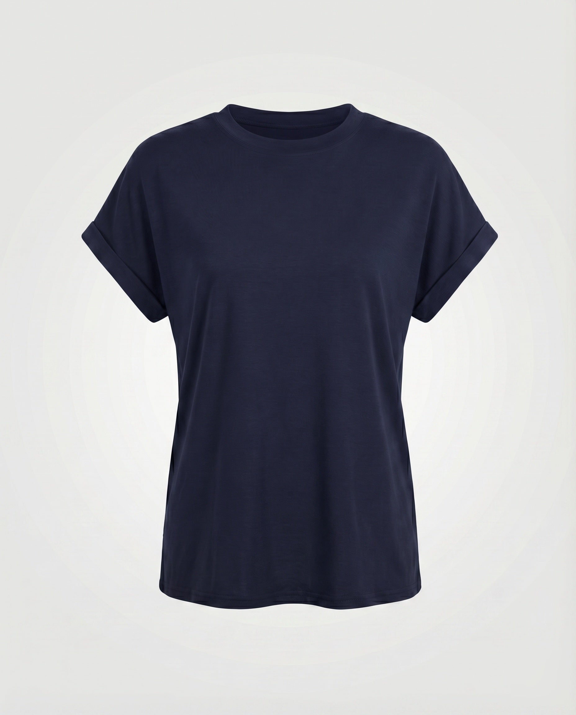 Women's Round Neck Shirt Cuffed Sleeves Curved Hem Loose Fit