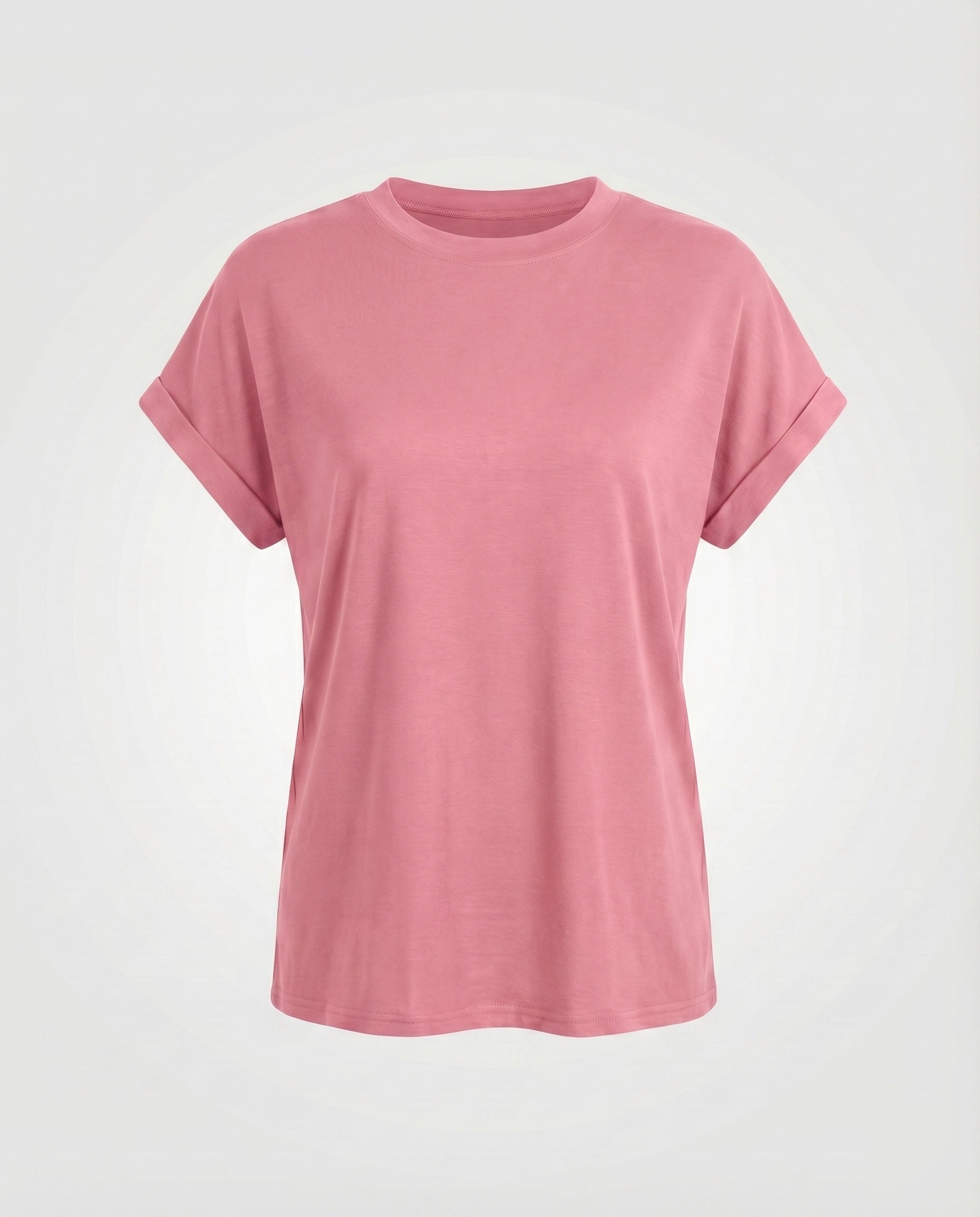 Women's Round Neck Shirt Cuffed Sleeves Curved Hem Loose Fit
