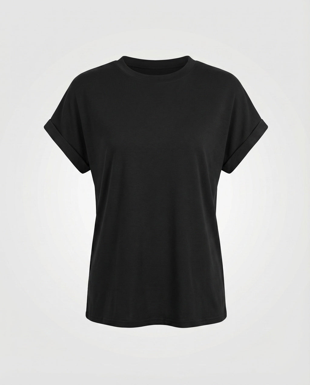 Women's Round Neck Shirt Cuffed Sleeves Curved Hem Loose Fit