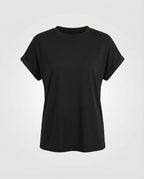 Women's Round Neck Shirt Cuffed Sleeves Curved Hem Loose Fit