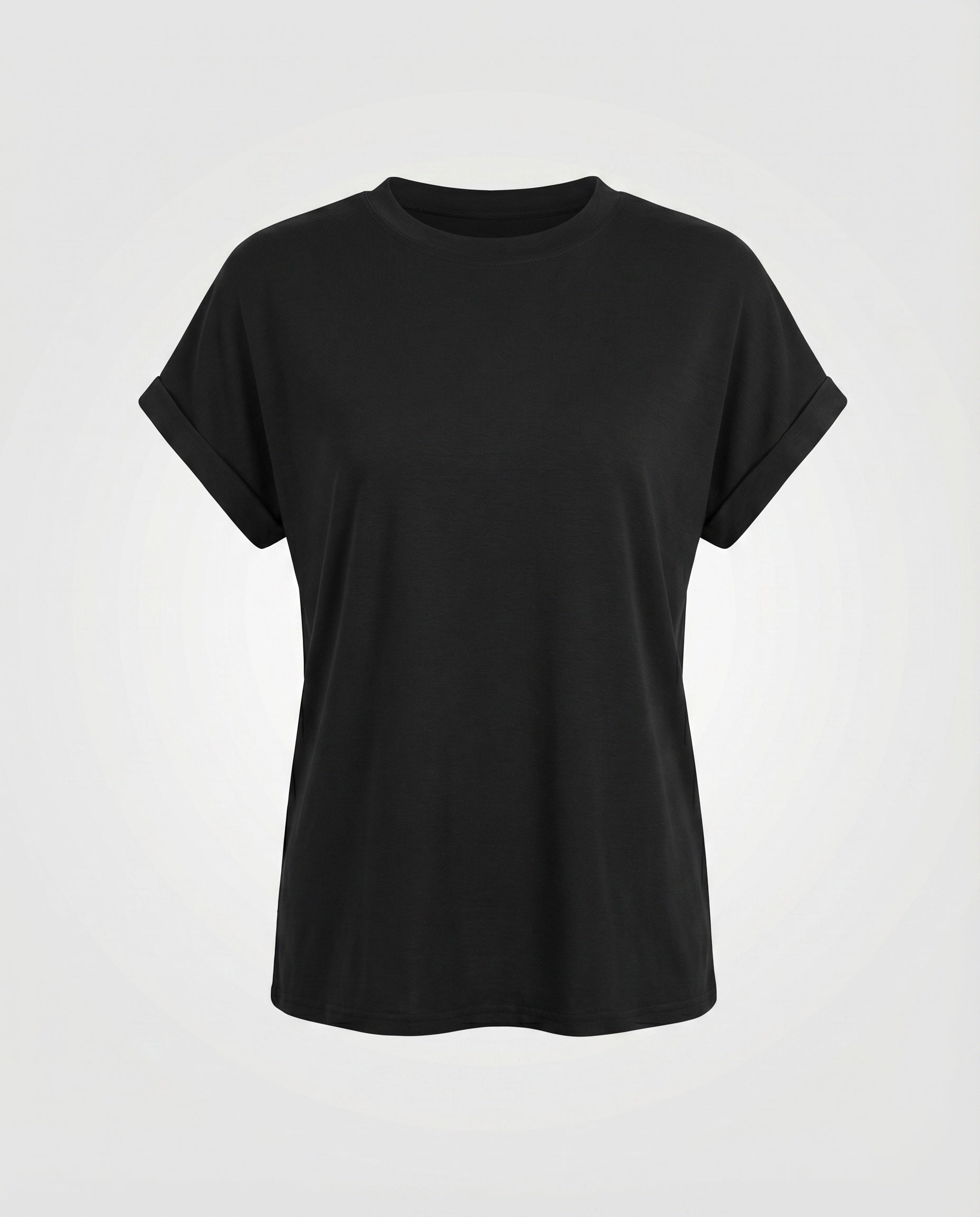 Women's Round Neck Shirt Cuffed Sleeves Curved Hem Loose Fit