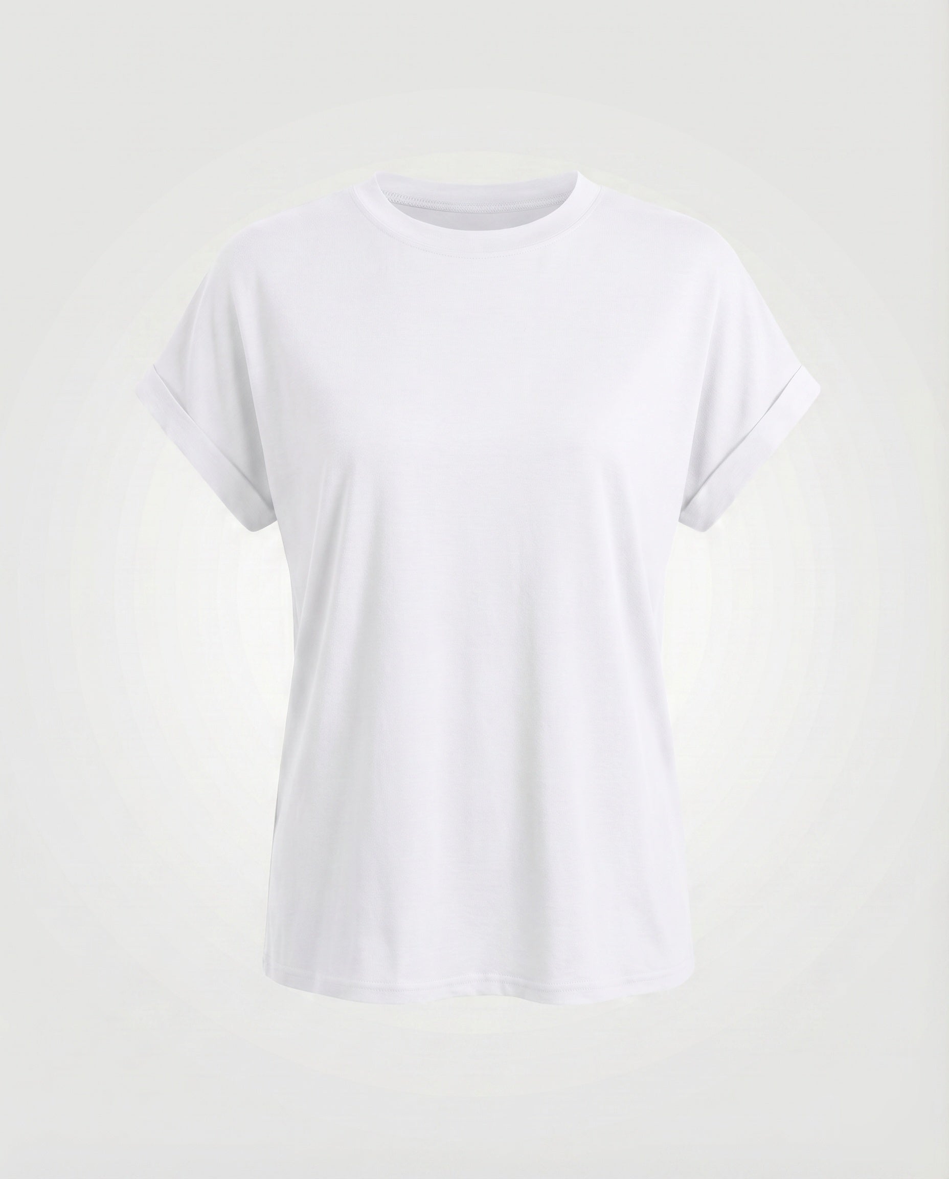 Women's Round Neck Shirt Cuffed Sleeves Curved Hem Loose Fit