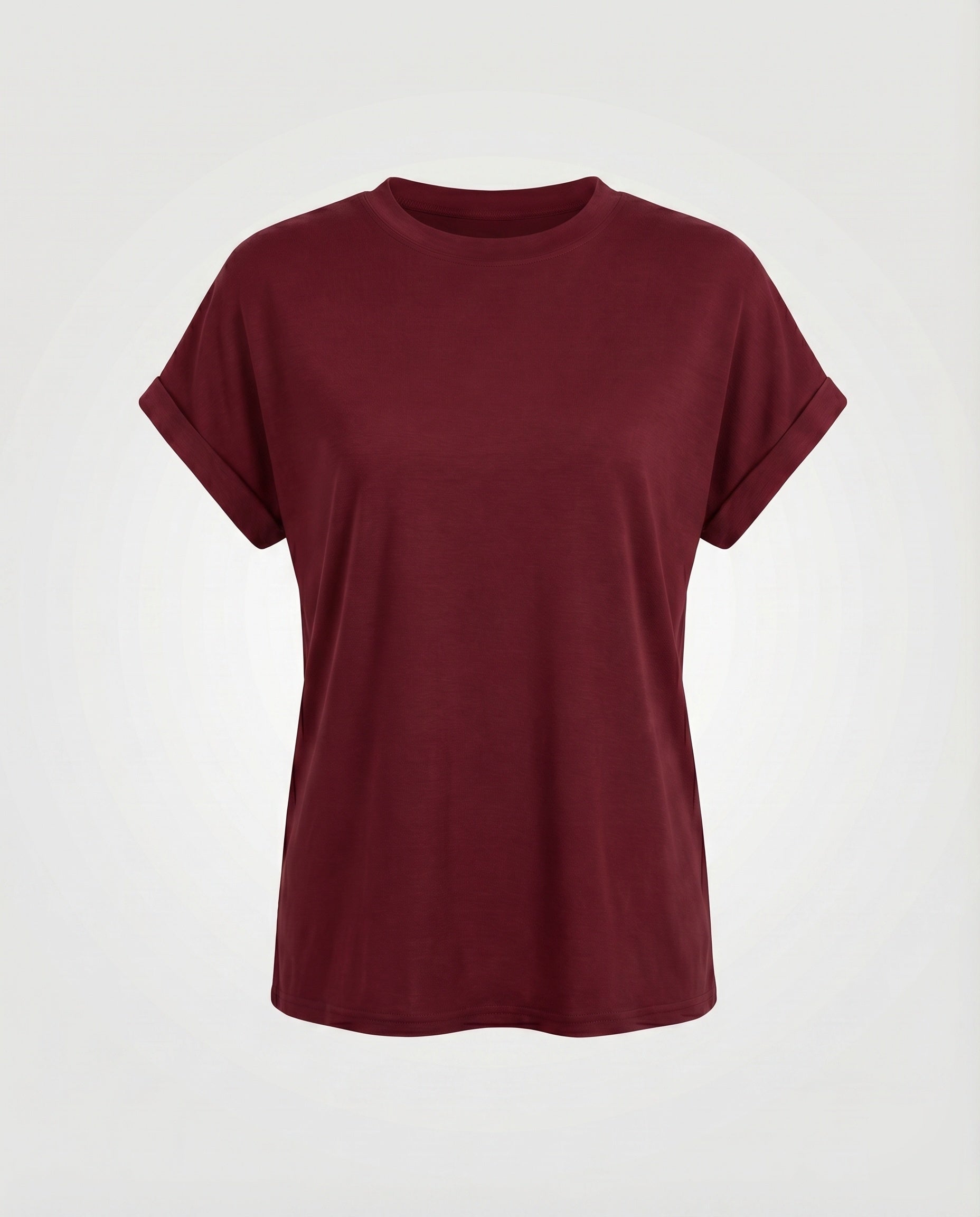 Women's Round Neck Shirt Cuffed Sleeves Curved Hem Loose Fit