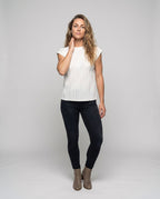 Women's Blouse Top Wave Pleating Elastic Hem Short Sleeve - Front View