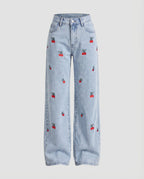 Women's Jeans Pants Daisy Embroidery Straight Leg High Waist