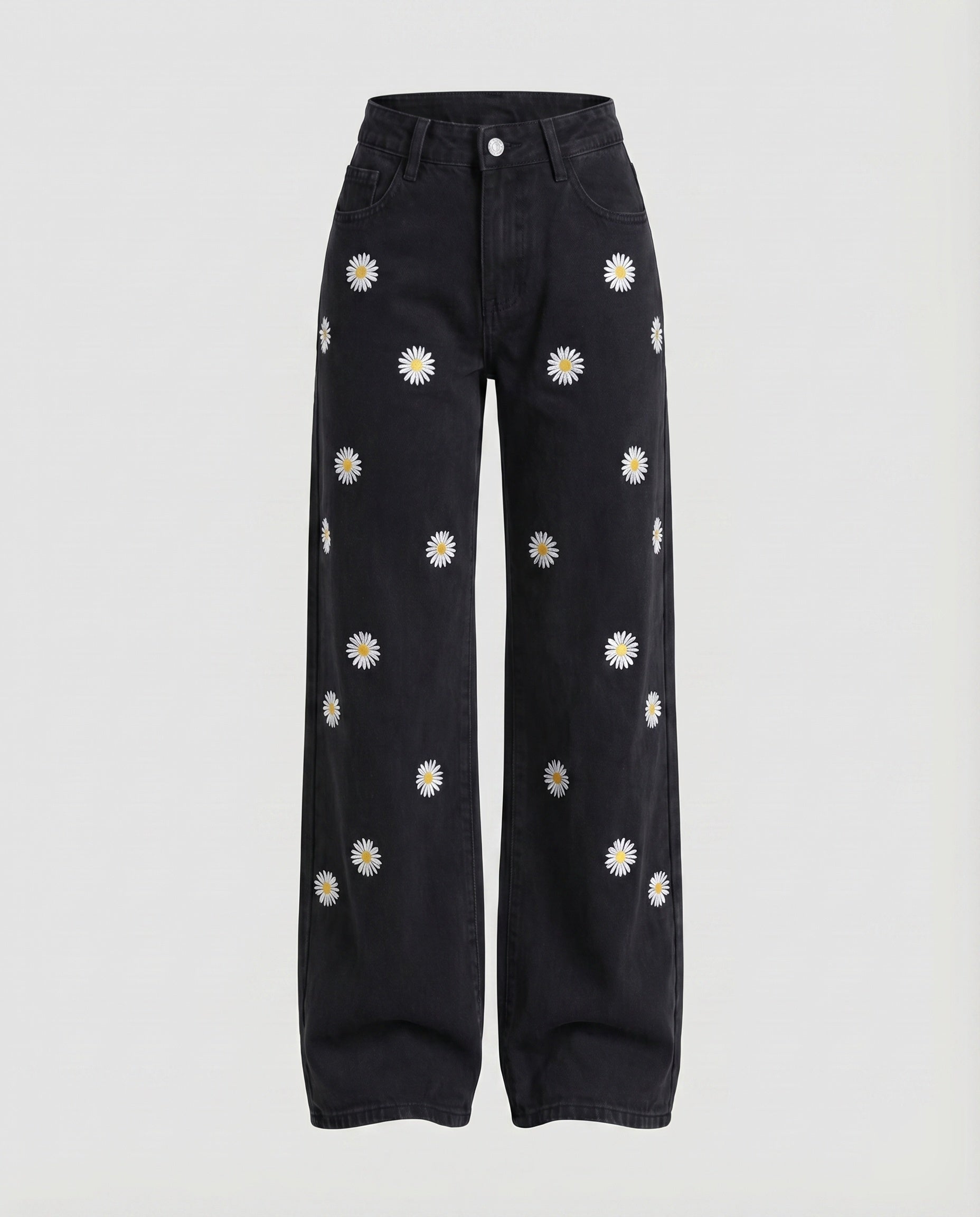 Women's Jeans Pants Daisy Embroidery Straight Leg High Waist