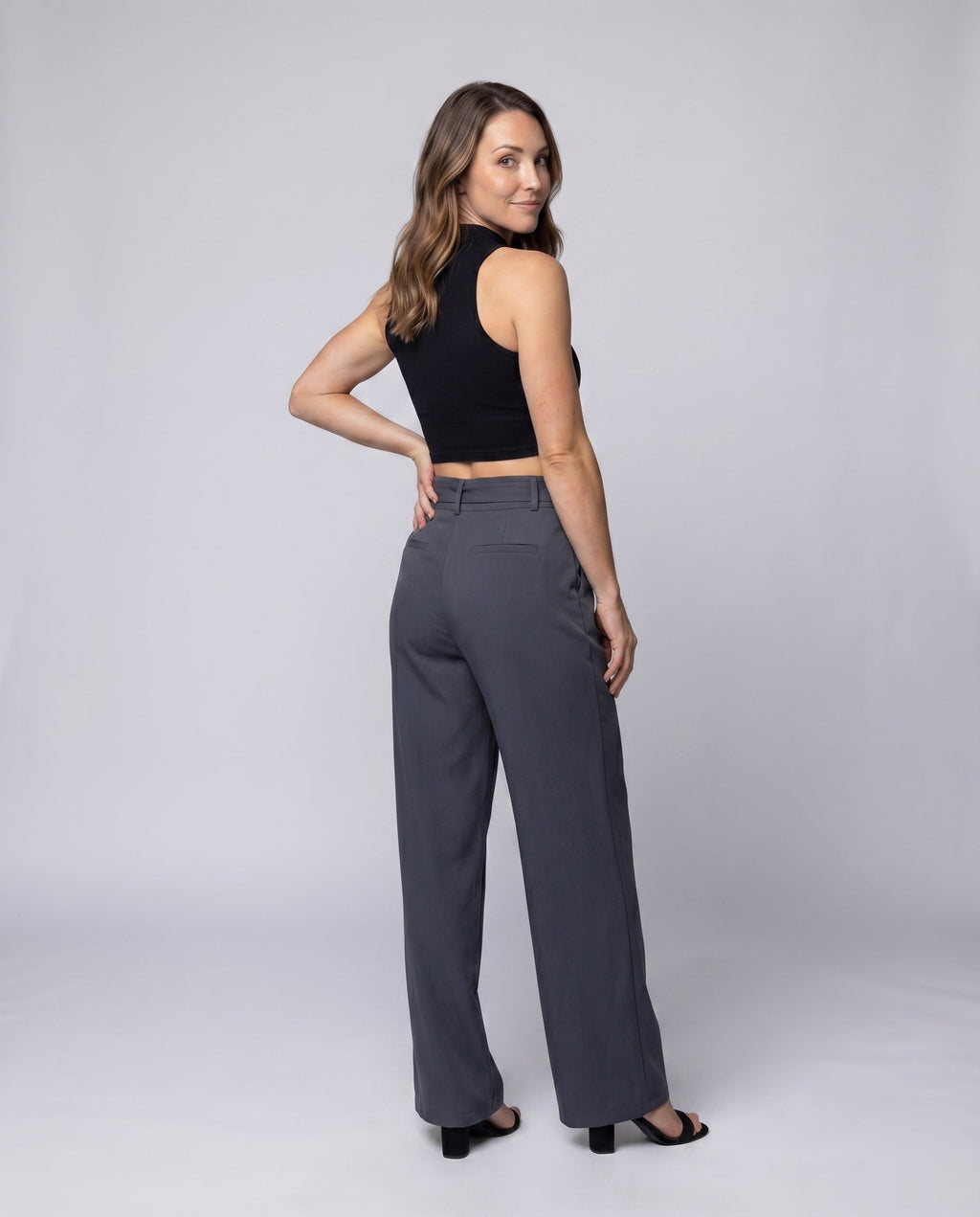 Women's Suit Pants D-Ring Belt Wide Leg High Waisted - Back View