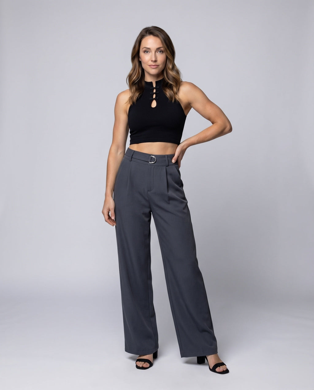 Women's Suit Pants D-Ring Belt Wide Leg High Waisted - Front View