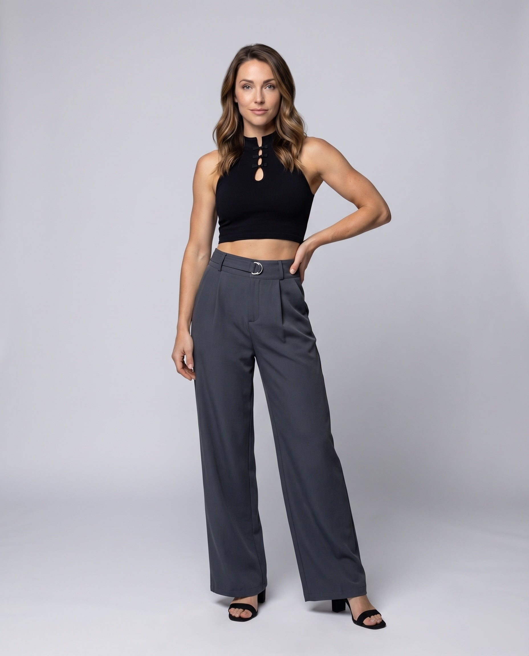 Women's Suit Pants D-Ring Belt Wide Leg High Waisted - Front View