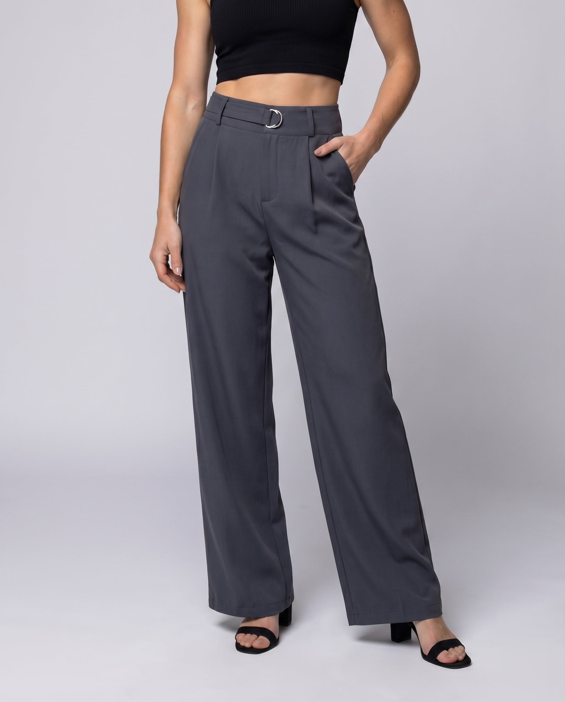 Women's Suit Pants D-Ring Belt Wide Leg High Waisted - Lower Body View