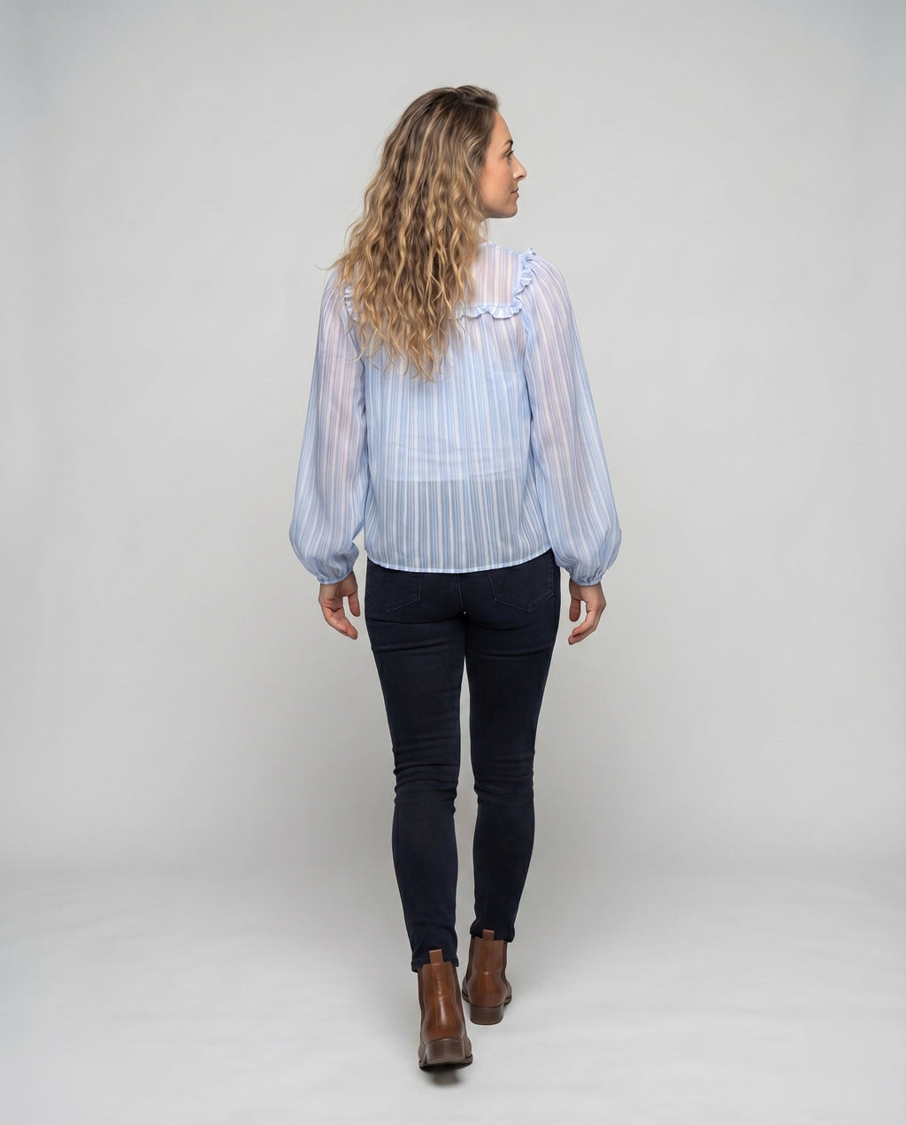Women's Chiffon Blouse Gathered Round Neck Puff Sleeves Transparent - Back View
