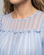 Women's Chiffon Blouse Gathered Round Neck Puff Sleeves Transparent - Close-Up Detail