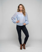 Women's Chiffon Blouse Gathered Round Neck Puff Sleeves Transparent - Front View