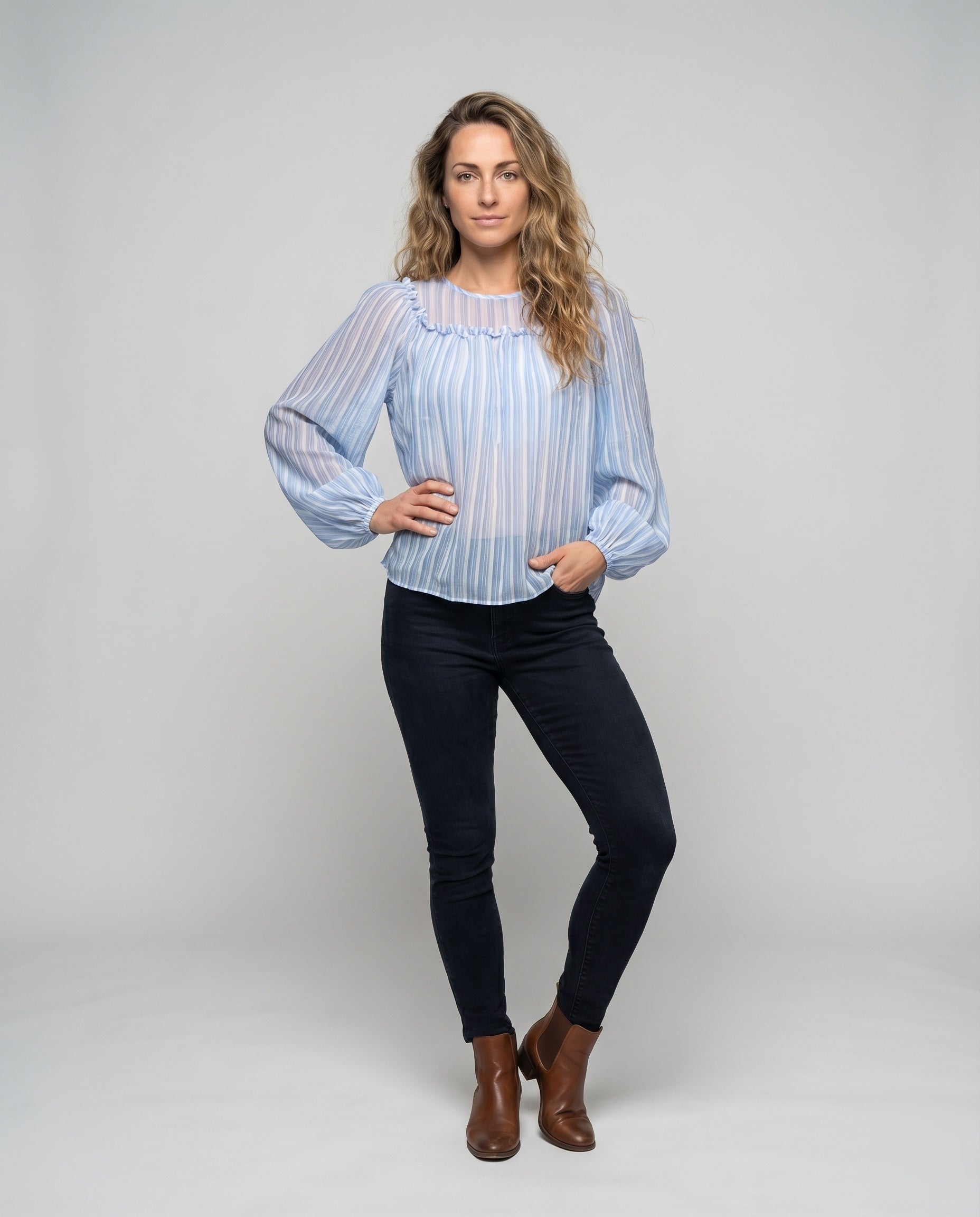 Women's Chiffon Blouse Gathered Round Neck Puff Sleeves Transparent - Front View