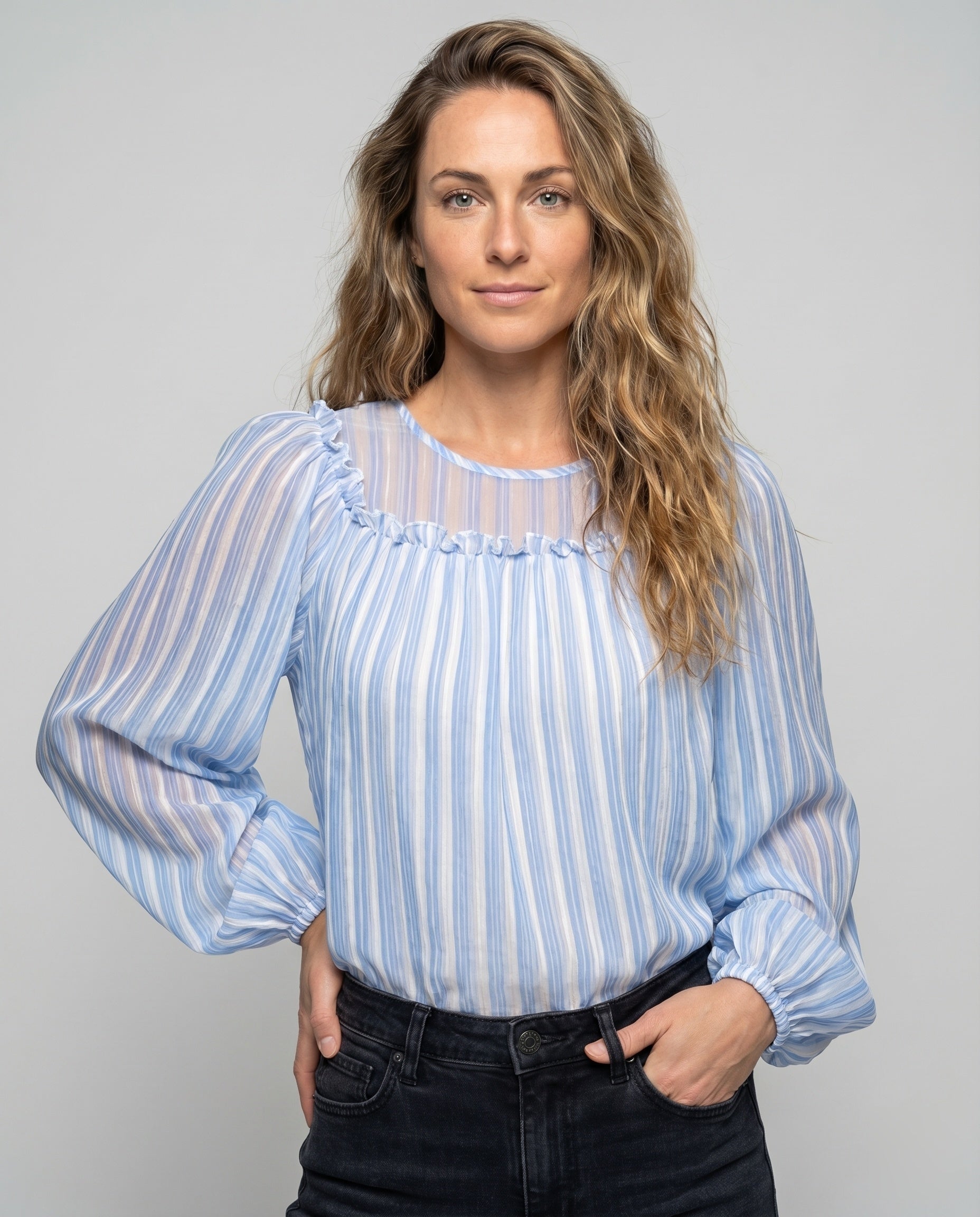 Women's Chiffon Blouse Gathered Round Neck Puff Sleeves Transparent - Upper Body View