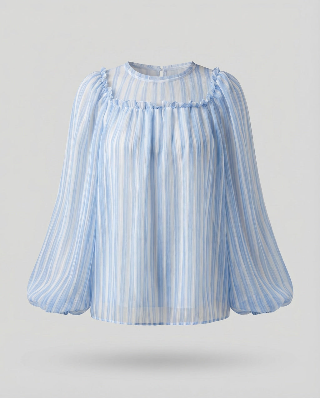 Women's Chiffon Blouse Gathered Round Neck Puff Sleeves Transparent