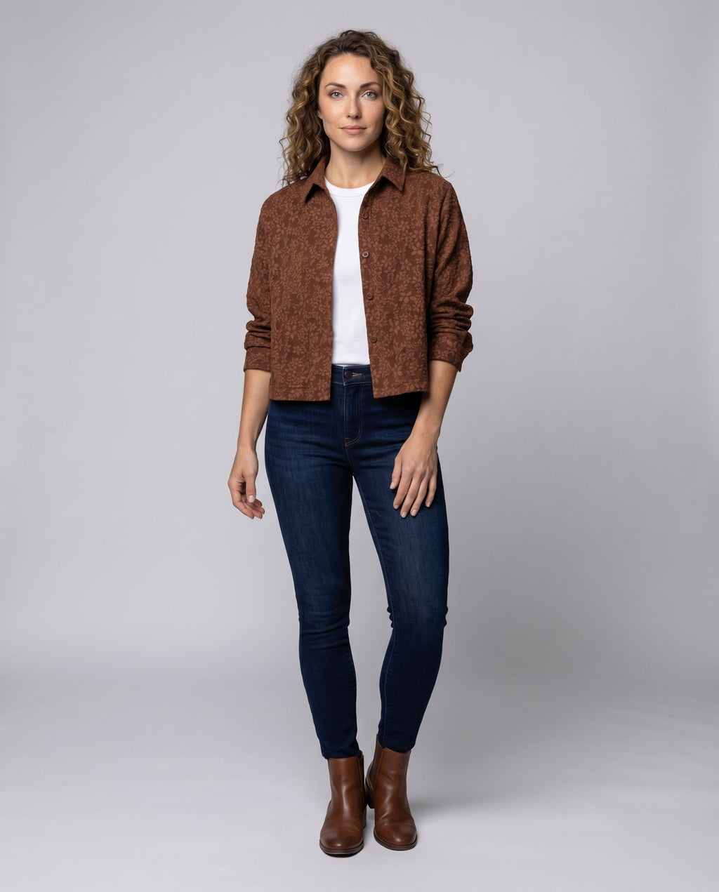 Women's Quilted Short Jacket Floral Jacquard Blouse Style - Front View